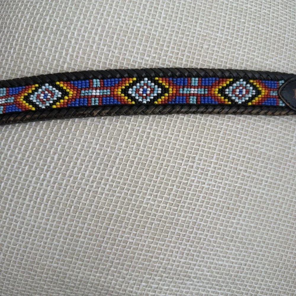 VTG Beaded Leather Belt Size 30 Southwestern Aztec Silver Buckle Country Western